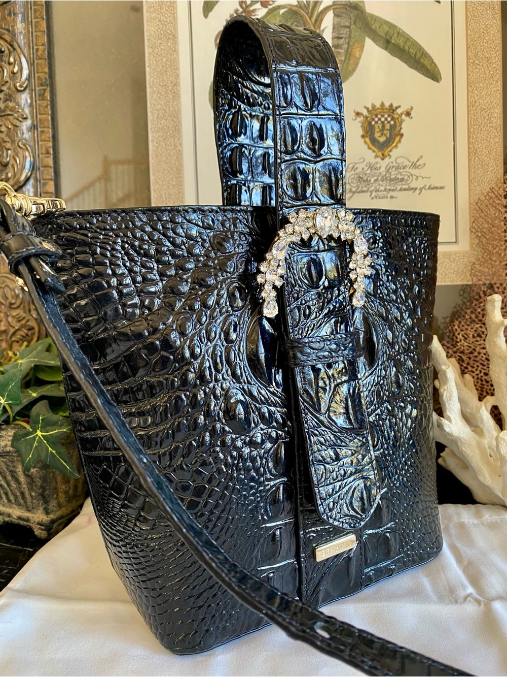 BRAHMIN BLACK LUXE FAITH HANDBAG ~SWAROVSKI CRYSTALS (($365)) Luxury Black Croc - Picture 5 of 14